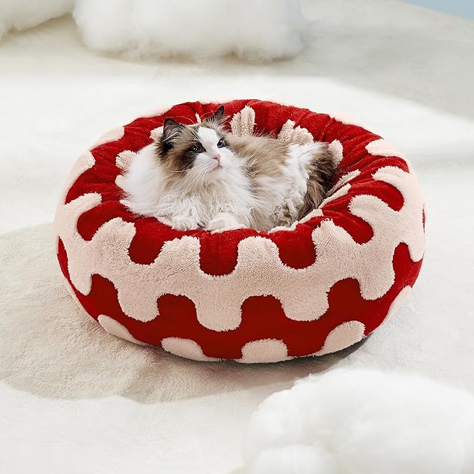 Lesure Donut Small Dog Bed - Round Cat Beds for Indoor Cats Anti-Anxiety Calming Pet Beds, Washable Cute Modern Beds with Teddy Sherpa Plush & Anti Slip Bottom Red