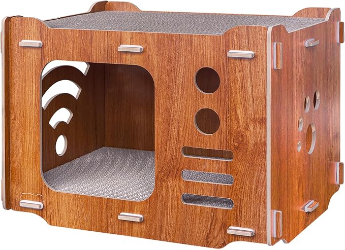 TV Wooden Cat Scratcher House Cardboard with 2 PCS Cat Scratch Pads 2 Story Cute Cat House with Scratcher Cat Scratchers Lounge Bed for Indoor Cats Play Cat Box cat Scratching House