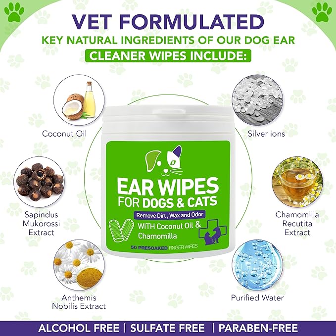 Pet Ear Wipes for Dogs and Cats - Dog Ear Cleaner Wipes, Cleaning and Deodorizing - Remove Debris & Wax, Improve Ear Itching, and Infections - 50 Count Finger Wipes