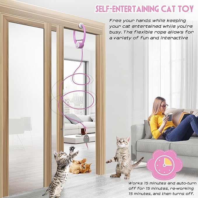 Cat Toy Interactive for Indoor Cats, Smart USB Rechargeable Door Hanging Automatic Retractable Kitten Toys, Teaser Electronic Self Play Feather Cat String Toys Attached with 3 Catnip Mice Purple