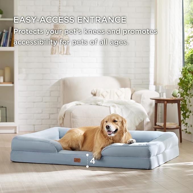 Bedsure XXL Orthopedic Dog Bed - Washable Great Dane Dog Sofa Beds for Giant Dogs, Supportive Foam Pet Couch Bed with Removable Washable Cover, Waterproof Lining and Nonskid Bottom, Light Blue