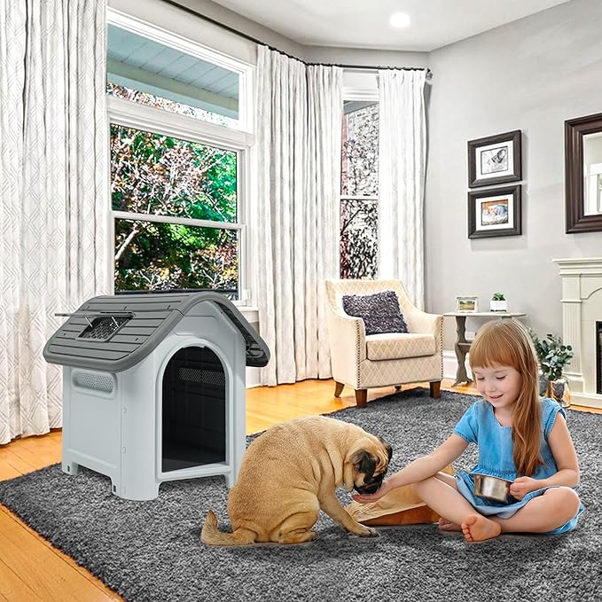 YITAHOME 30'' Large Dog House Outdoor Plastic Doghouse Water Resistant Pet House with Adjustable Skylight and Elevated Base for Small Dogs (30''L*23.3''W*26''H)