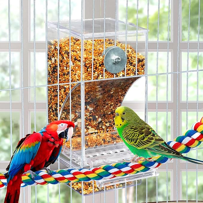 No Mess Bird Feeders with Water Dispenser and 15.7'' Bird Rope Perche, Climbing Standing Bungee Parrot Swing Toys, Automatic Transparent Acrylic Food Container Drinker Bird toy for Cage