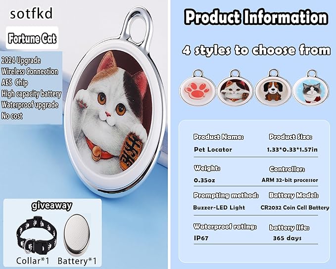 Cat Tracker-Pet Tracker-Cat Tracker Collar | No Charging Required | No Monthly Fee | Waterproof | Works with Any Collar (Android and iOS Universal)