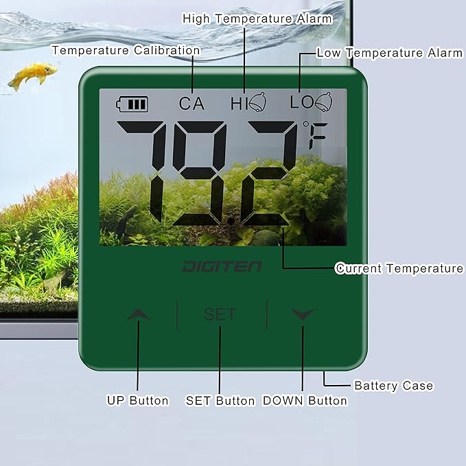 Aquarium Thermometer, Fish Tank Thermometer with Large LCD Display, Stick-on Tank Temp Sensor Ensures Accurate Reading, No Wires C/F Switch Aquarium Thermometer, Green Aquarium Thermometer