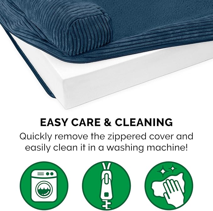 Furhaven Orthopedic Dog Bed for Large Dogs w/ Removable Bolster & Washable Cover, For Dogs Up to 125 lbs - Fleece & Corduroy Bolster Chaise - Navy Blue, Jumbo Plus/XXL