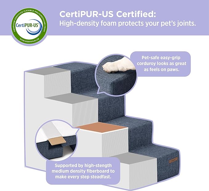 Lesure Dog Stairs for Small Dogs - Pet Stairs for Beds and Couch, Folding Pet Steps with CertiPUR-US Certified Foam for Cat and Doggy, Non-Slip Bottom Dog Steps, Navy Blue Linen-Like Fabric, 4 Steps