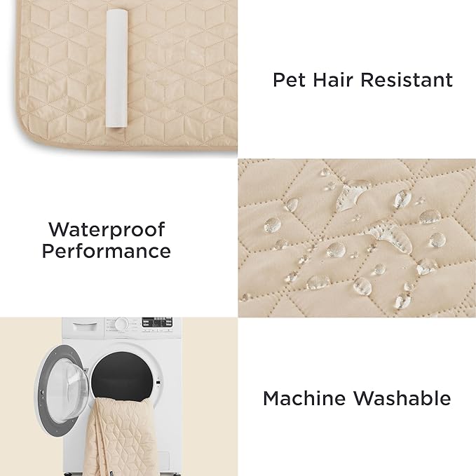Bedsure 100% Waterproof Bed Cover for Dogs Washable - Non Slip Waterproof Dog Blanket for Bed, Lightweight Furniture Protector Durable for Pet Cat Puppy with Non-slip Bottom, Beige, 82x82IN