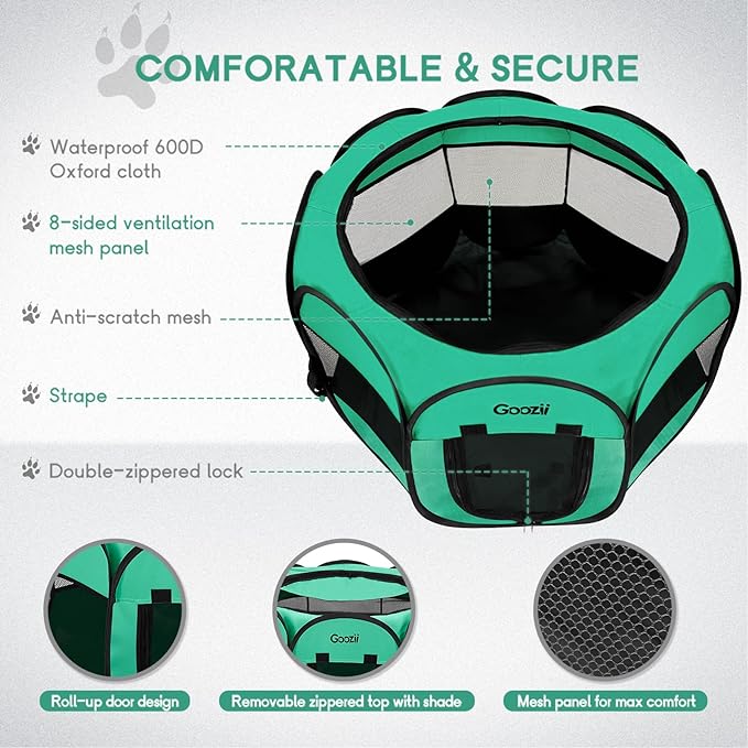 Portable Pop Up Large Pet Puppy Dog Playpen Indoor, Collapsible Cat Kitten Crate Cage Kennel Enclosed, Foldable Cat Play Pen Tent with Bottom Roof Cover for Car Travel Camping - Green