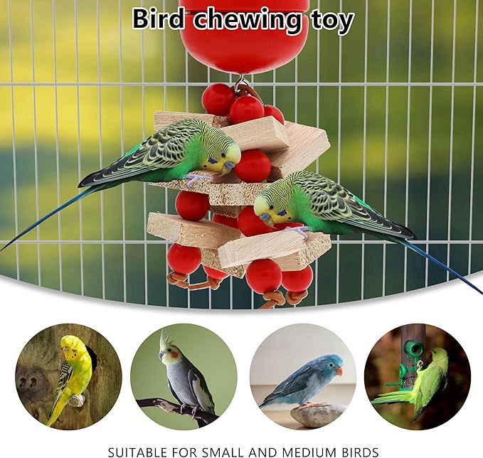 Bird Parrot Toys with Wood Blocks Beads and Colorful Ball, Hanging Parrots Cage Chewing Cascade Bite Toy for Small Medium Birds Vegetable Style(Tomato+Corn)