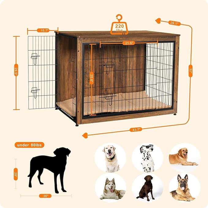 DWANTON Dog Crate Furniture with Cushion, XL Wooden Dog Crate with Double Doors, Large Dog Crate Furniture, Dog Kennel Indoor, Dog House, Extra Large, 43.3" L, Warm Brown