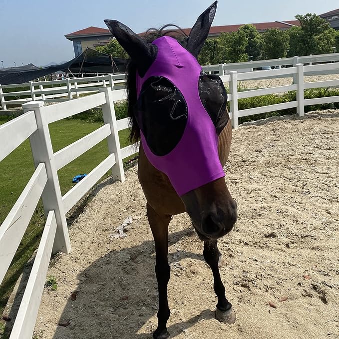 Upgrade Uv Horse Fly Mask with Ears - Equine Sunscreen Lycra Quiet Ride Elasticity Fly Mask with Ear Protection (Purple)