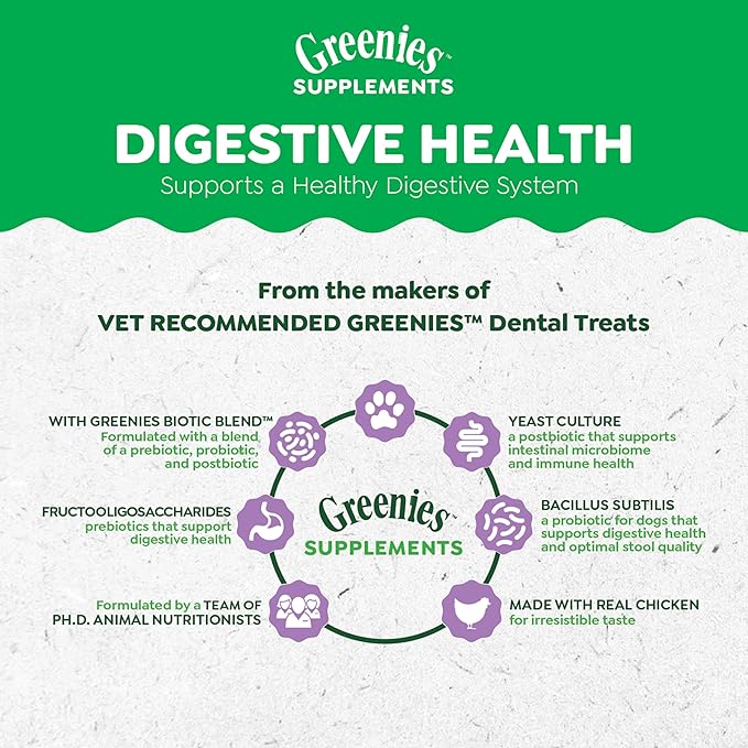 Greenies Supplements Digestive Health Probiotics for Dogs Chicken Flavor, 40 Count Soft Chews Dog Probiotics, 7.8 oz. Pouch