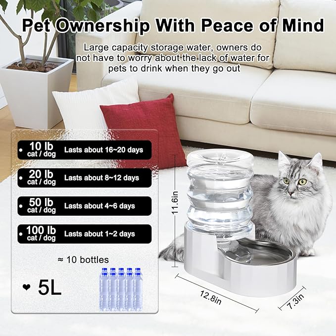 RIZZARI Automatic 5L Pet Waterer, Gravity Stainless Steel Water Dispenser, 100% BPA-Free, Large Capacity Water Feeder for Cats and Small and Medium-Sized Dogs