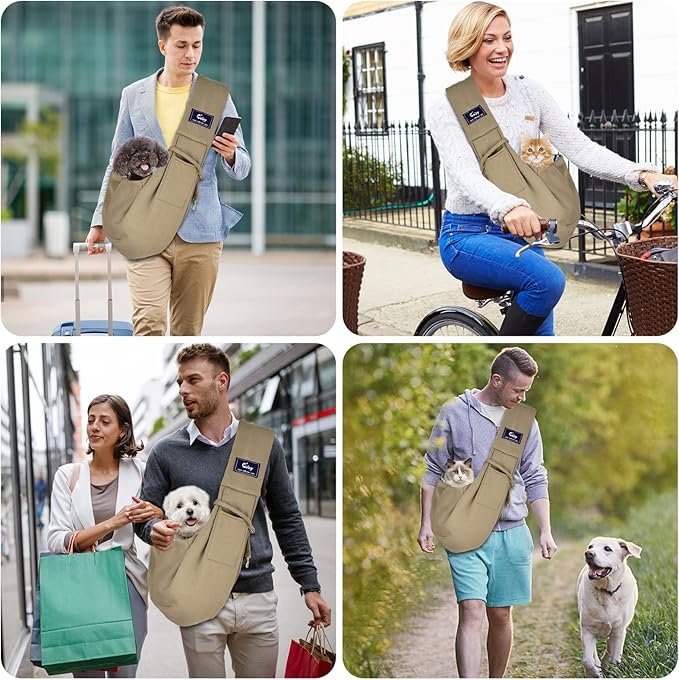 CUBY Dog and Cat Sling Carrier - Hands Free Reversible Pet Papoose Bag - Soft Pouch and Tote Design - Suitable for Puppy, Small Dogs Cats Outdoor (Khaki, Unadjustable strap)