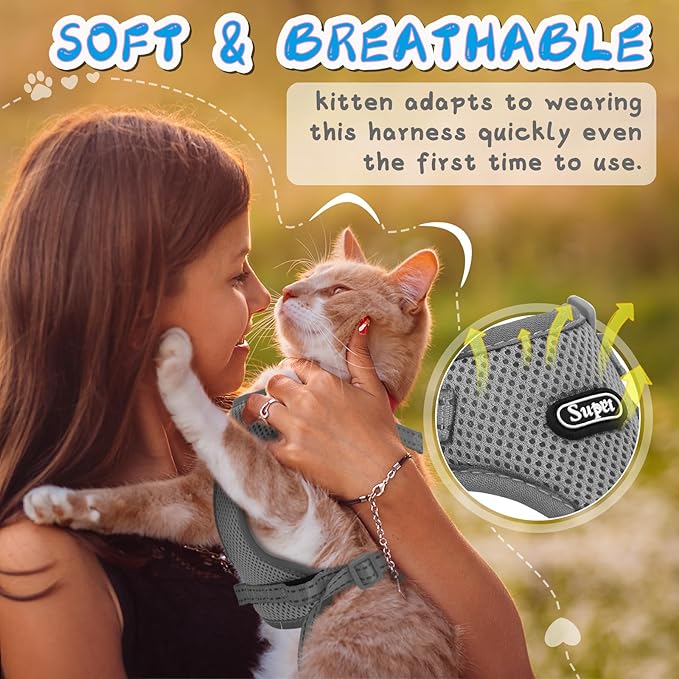 Supet Cat Harness and Leash Set for Small to Large Cats Adjustable Cat Vest Harness with Reflective Trim Universal Cat Leash and Harness for Cats/Puppies Outdoor Walking