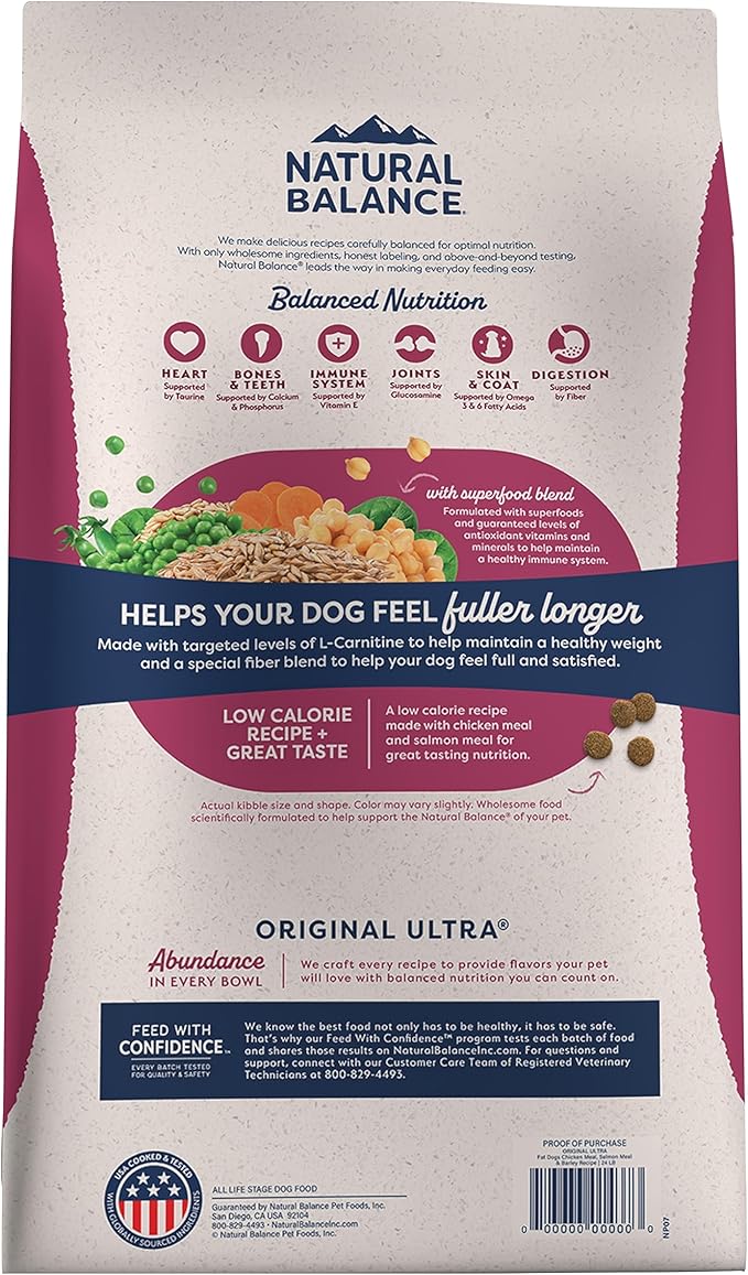 Natural Balance Original Ultra Fat Dogs Chicken Meal, Salmon Meal & Barley Recipe Low Calorie Dry Dog Food, 11 Pounds