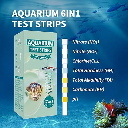 7 in 1 Aquarium Test Strips Kit - 100 Strips Use for Freshwater Fish Tank, Fish Pond, Accurate & Fast Testing pH/Nitrite/Nitrate/Chlorine/Carbonate/Total Alkalinity/Hardness