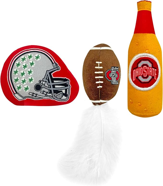 BEST PLUSH CAT TOY NCAA OHIO STATE BUCKEYES Complete Set of 3 piece Cat Toys filled with Fresh Catnip. Includes: 1 Helmet Cat Toy, 1 Football Cat Toy with Feathers & 1 Beer Bottle. Beautiful Team LOGO