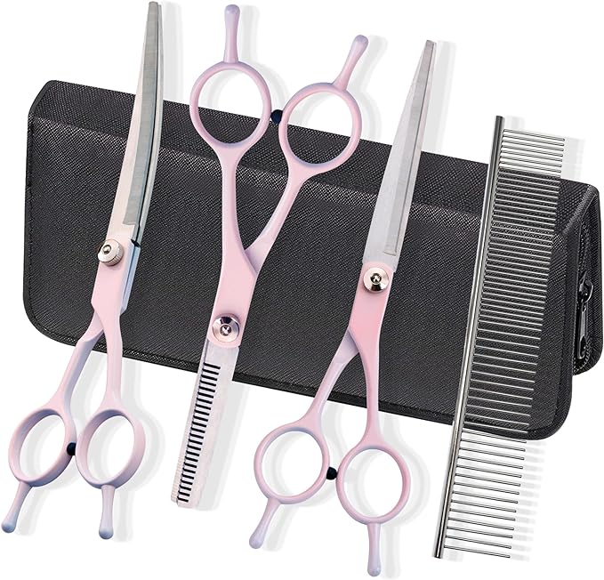 Dog Grooming Scissors Kit, Fcysy Professional Dog Trimming Scissors Set, Hair Cutting Scissors for Pet Dog Cat Grooming at Home, Curved Dog Scissors Pet Thinning Shears, Pet Grooming Supplies