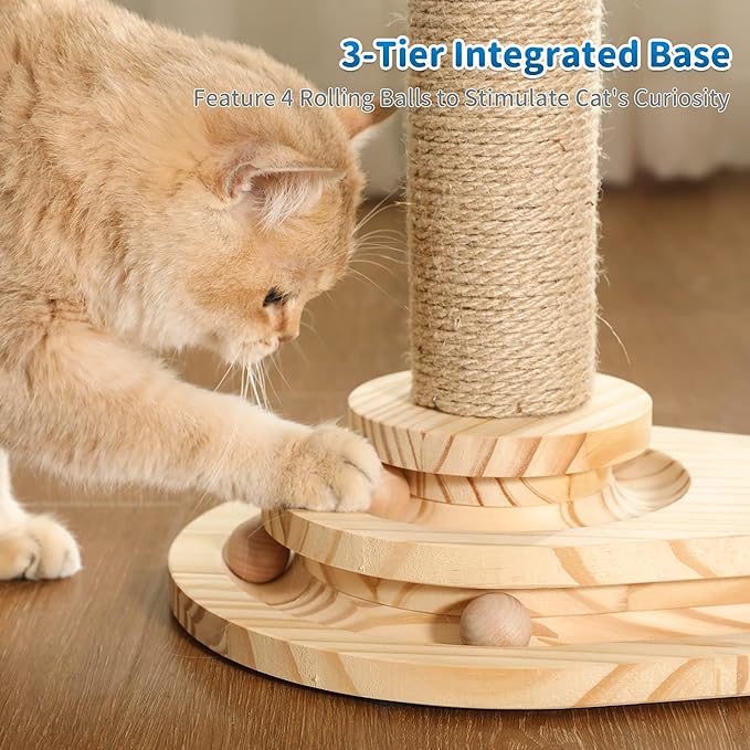 Made4Pets Cat Scratching Post, Cat Self Groomer for Indoor Cats, Cloud Soft Perch for Rest, 17.5" Tall Natural Sisal Scratcher Cat Grooming Interactive Ball Track Toys