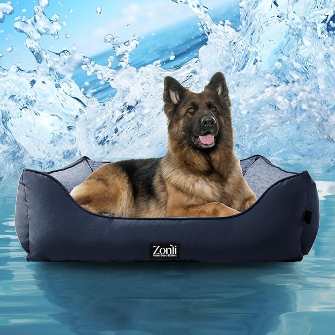 ZonLi Cooling Dog Bed, Dog Beds for Extra Large Dogs, Dog Cooling Bed with Bolsters Waterproof, for Dogs Up to 50 lbs, Pet Bed with Washable Cover, Non-Slip Bottom, without Gel, Oceanic Navy