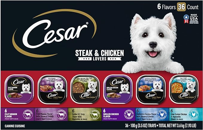 CESAR Adult Wet Dog Food Steak and Chicken Lovers Variety Pack with Real Meat or Real Chicken, (36) 3.5 oz. Easy Peel Trays