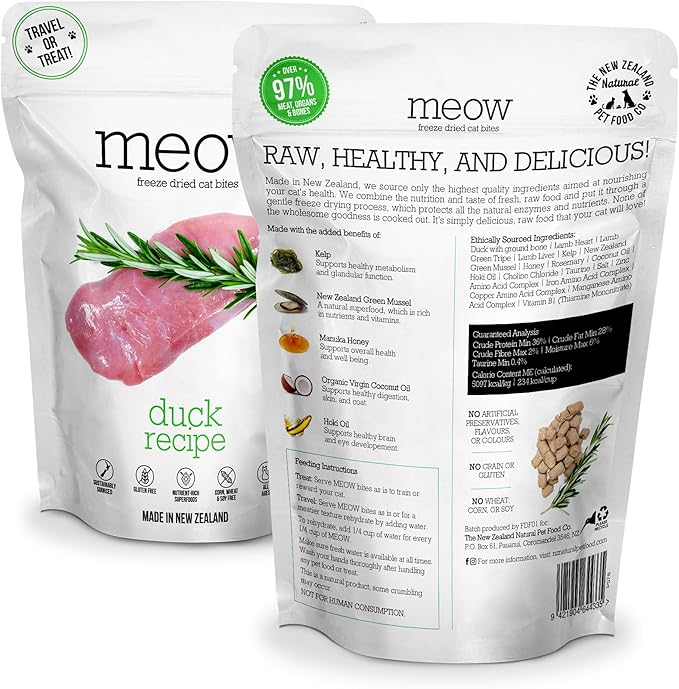 Meow Duck Freeze Dried Raw Cat Food, Mixer, or Topper, or Treat - High Protein, Natural, Limited Ingredient Recipe 1.76 oz