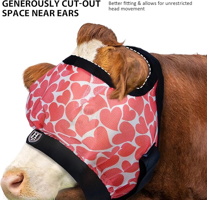 Harrison Howard Cattle Livestock Fly Mask Breathable Mesh Padded Edging with Fun Patterns Large Spacing Forelock Opening Design Adjustable Fit for Cattle Heart