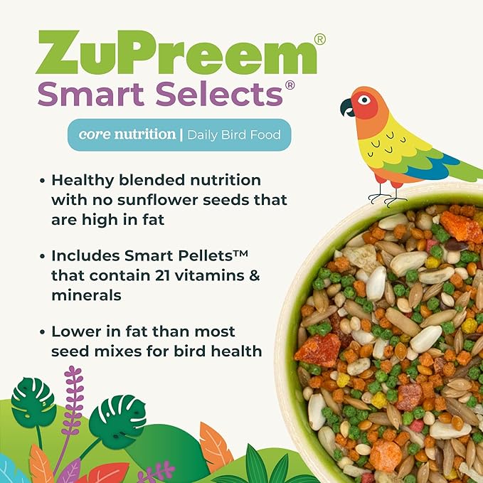 ZuPreem Smart Selects Bird Food for Medium Birds, 2.5 lb - Everyday Feeding for Cockatiels, Quakers, Lovebirds, Small Conures