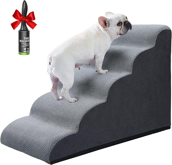 Ryoizen Dog Stairs Ramps for Small/Medium Dogs to Beds Couch Up to 25'', 5-Step Dog Steps with Sturdy High-Density Foam, Pet Stairs with Non-Slip Bottom for Puppy and Cat, Gifts Hair Remover Roller