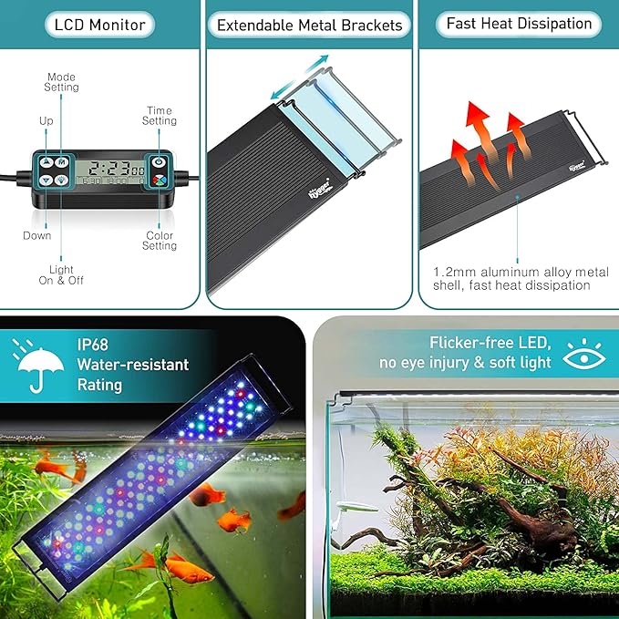 hygger Auto On Off LED Aquarium Light, Full Spectrum Fish Tank Light with LCD Monitor, 24/7 Lighting Cycle, 7 Colors, Adjustable Timer, IP68 Waterproof, 3 Modes for 36"-42" Freshwater Planted Tank