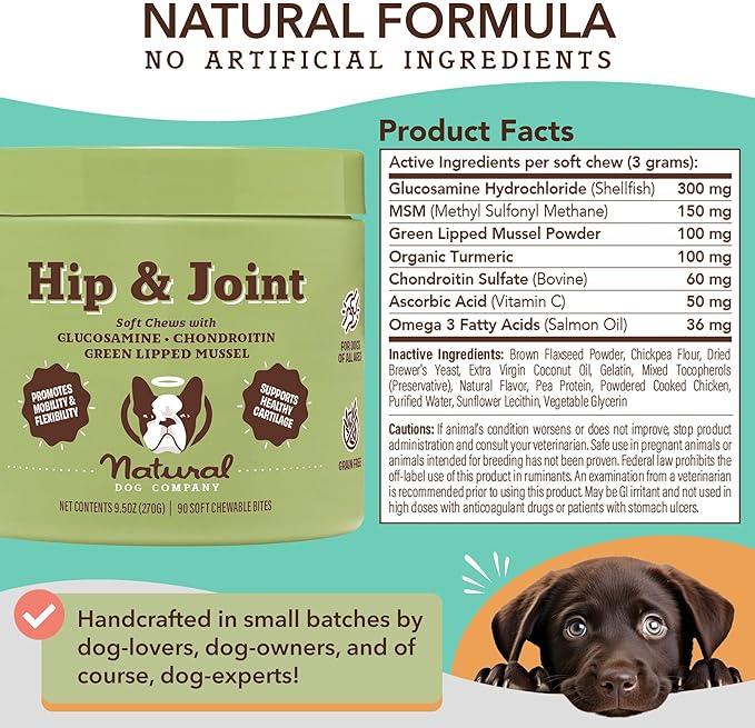 Natural Dog Company Hip & Joint Chews, Chicken Liver & Turmeric Flavor, with Glucosamine Chondroitin for Dogs, Maintains Bone and Joint Health, Supplements for Seniors and Puppies, 90 Count