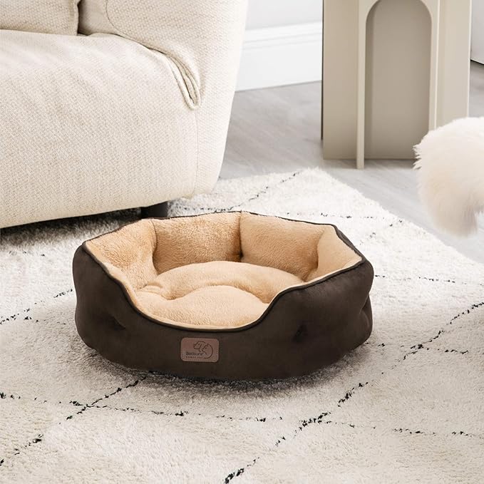 Bedsure Small Dog Bed for Small Dogs Washable - Round Cat Beds for Indoor Cats, Round Pet Bed for Puppy and Kitten with Slip-Resistant Bottom, Brown, 20 Inches