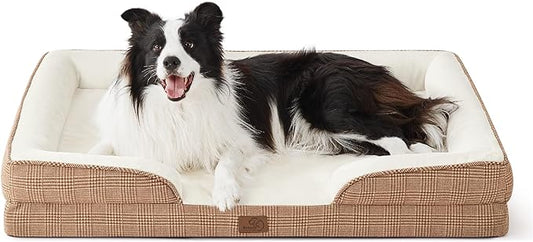 Bedsure Orthopedic Dog Bed for Large Dogs - Big Washable Dog Sofa Beds Large, Supportive Foam Pet Couch Bed with Removable Washable Cover, Waterproof Lining and Nonskid Bottom, Brown Checks