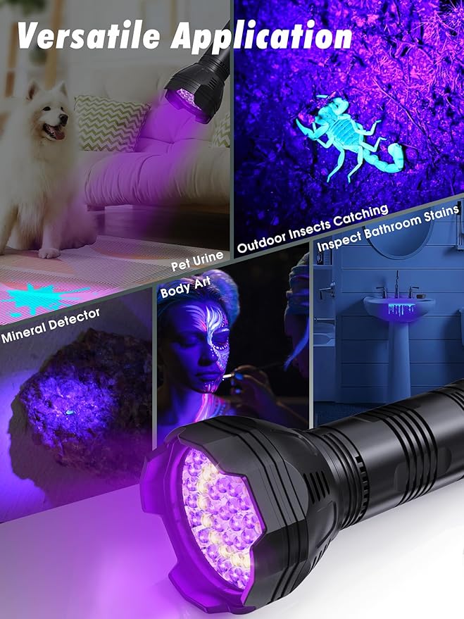 Mesqool UV Flashlight Rechargeable, 51 LED 365nm & 395nm Dual UV Blacklight Flashlight for Cat, Dog, Pet Urine Detector, Resin Curing, Dry Stains, Bed Bug, Scorpion Finder (Built in Battery)