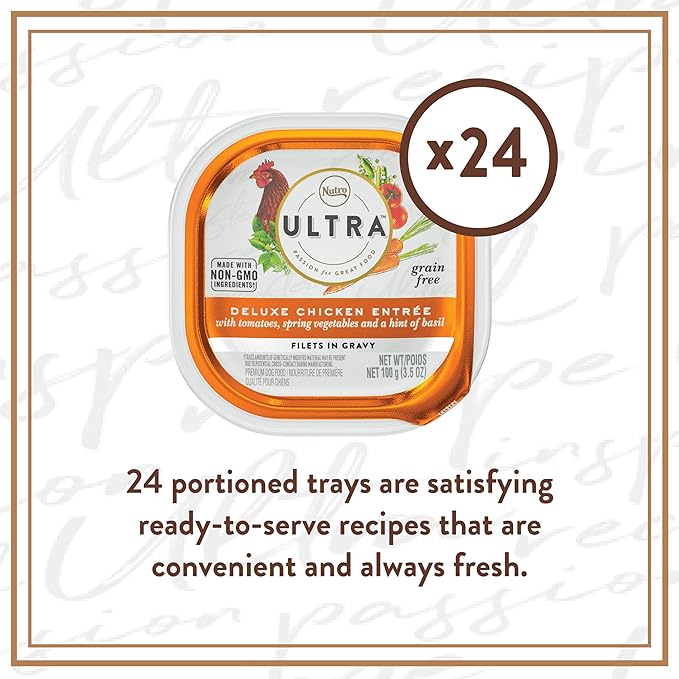 NUTRO ULTRA Grain Free Adult Soft Wet Dog Food Filets in Gravy Deluxe Chicken Entrée With Tomatoes, Spring Vegetables, and a Hint of Basil, 3.5 oz. Trays, Pack of 24