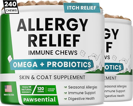 Allergy Relief Dog Chews (240 Immune Treats) - Omega 3 + Colostrum + Probiotics - Itchy Skin Relief - Seasonal Allergies - Anti-Itch & Hot Spots - Immune Supplement - Made in USA