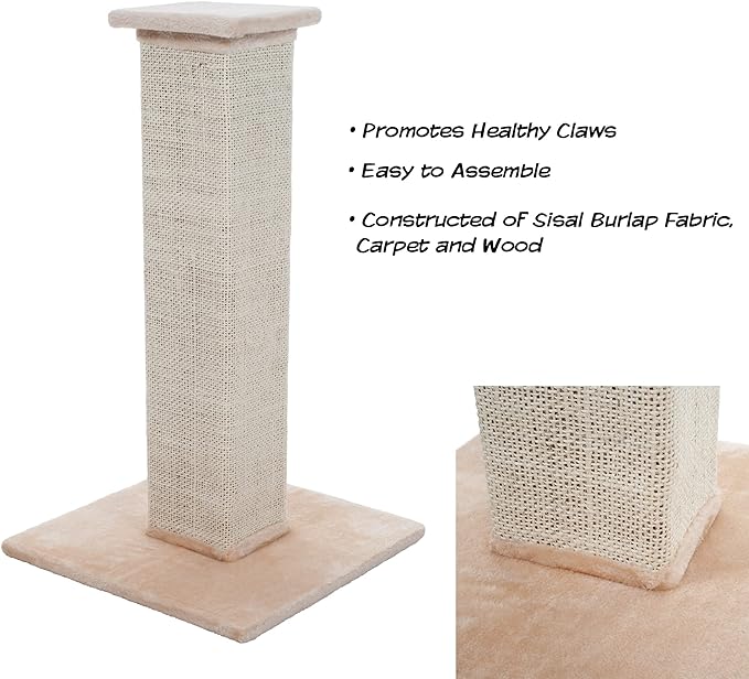 Cat Scratching Post with Carpeted Base - 27.75-Inch Sisal Burlap Fabric Scratcher - Furniture Scratching Deterrent for Indoor Cats by PETMAKER (Beige)