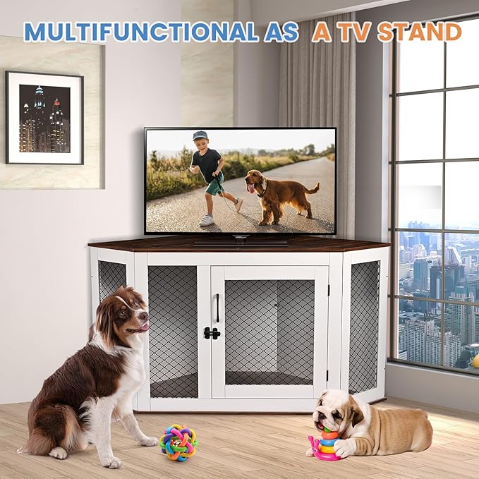 Corner Dog Crate Furniture, Wooden Dog Kennel End Table with Door Furniture Style Dog House Pet Crate Indoor Use for Small Medium Large Dogs