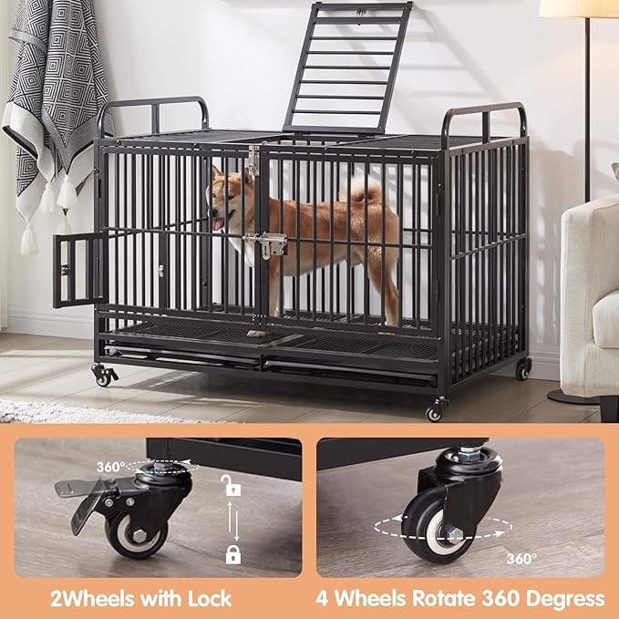 Lauren&Harold Large Dog Crate Furniture for Large Medium Dogs, 48 Inch Heavy Duty Dog Kennel Indoor with Wheels&Removable Tray, Dog Crates Cage House with Top Door&Feed Door