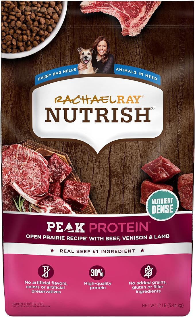 Rachael Ray Nutrish PEAK Natural Dry Dog Food with Added Vitamins, Minerals & Taurine, Open Prairie Recipe with Beef, Venison & Lamb, 12 Pounds, Grain Free (Packaging May Vary)