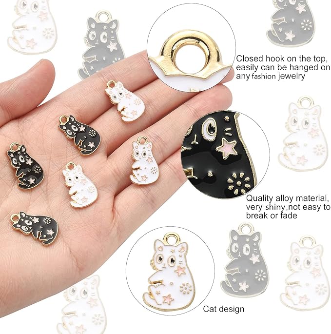 KitBeads 20pcs Black White Cat Charms Tarot Style Star Plated Kitten Charms Kawaii Animal Cute Pet Cat Charms for Jewelry Making Bulk
