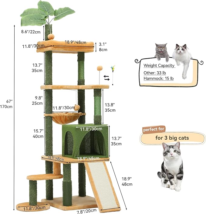 YITAHOME Tall Cat Tree Tower with Leaves for Indoor Cats, 72.8in Cute Cat Climbing Tower with Self-Grooming Brush, Cat Condo, Top Perch, Basktet, Sisal Scratching Posts and Board,Toy Balls