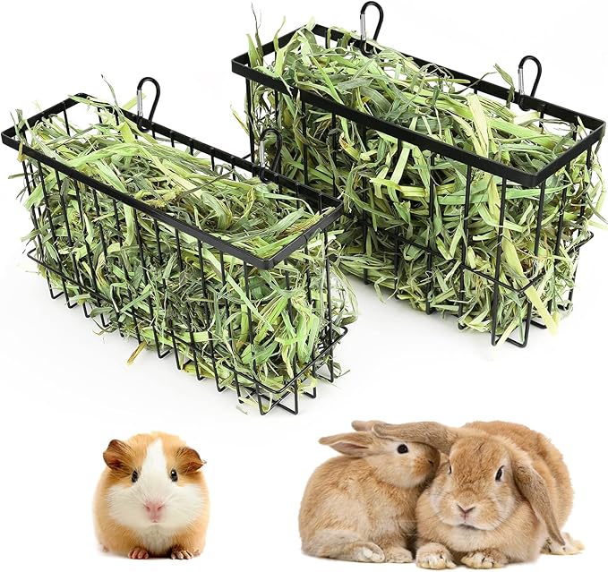 2PCS Rabbit Hay Feeder Guinea Pig Hay Feeder with Heavy Duty Metal Frame hay Rack Pet grass feeder Small animal basket with hook Metal feeding rack for rabbits Guinea pigs Chinchillas Timothy