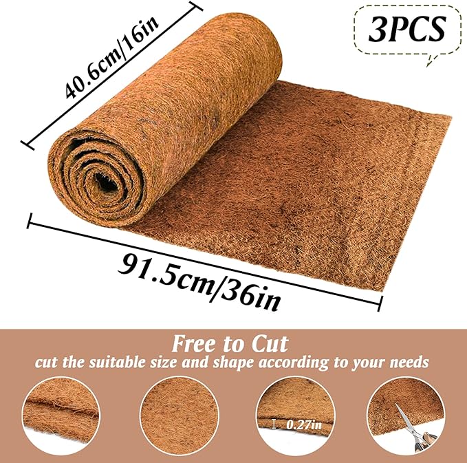 ZeeDix 3 Rolls Coconut Fiber Reptile Substrate Mat, 16 x 36 inches Natural Coco Mat Reptile Carpet Coco Fiber Liner Turtle Bedding Reptile Terrarium Liner for Lizard Snake Turtle Gecko Bearded Dragon