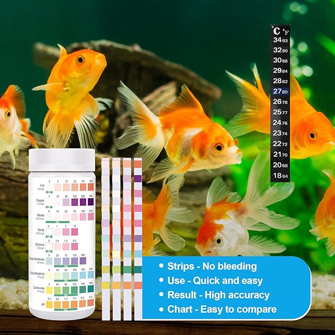 9 in 1 Aquarium Test Strips, 100 Strips Aquarium Test Kits for Freshwater Saltwater, Aquarium Water Test Kit, Pond Fish Tank Test Strips Testing Iron, Copper, Nitrite, Nitrate, pH, Carbonate and More