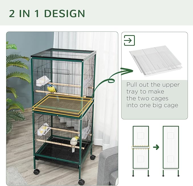 PawHut Large Bird Cage with 1.7 ft. Width for Wingspan, Bird Aviary Indoor with Multi-Door Design, Fit for a Canary, Finch, Conure, 55", Green