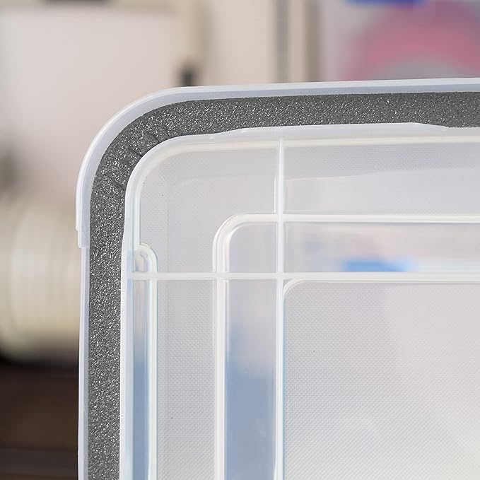 IRIS USA 156 Qt Storage Box with Gasket Seal Lid, 3 Pack - BPA-Free, Made in USA - Heavy Duty Moving Containers with Tight Latch, Weather Proof Tote Bin, WEATHERPRO - Clear/Black