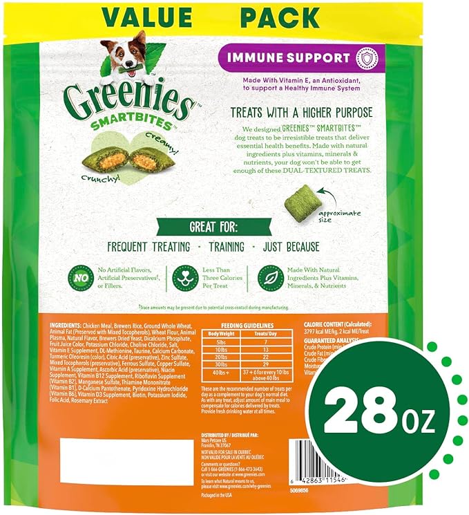 Greenies Smartbites Immune Support Crunchy & Soft Dog Treats, Chicken Flavor, 28 oz.